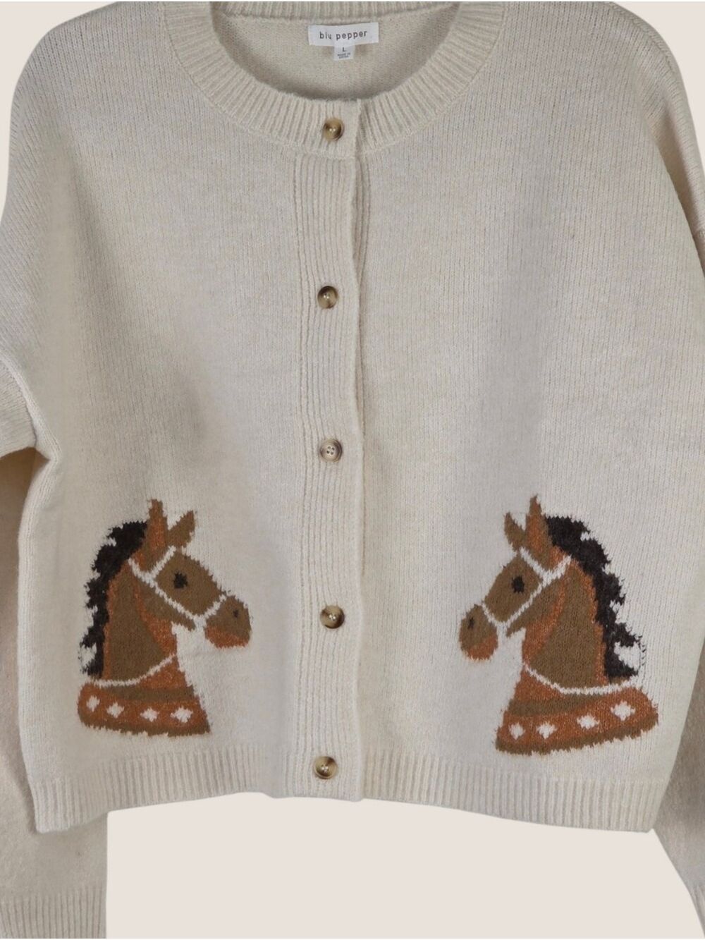 Blu Pepper Horse Jacquard Cream Cardigan Western NWT Large
